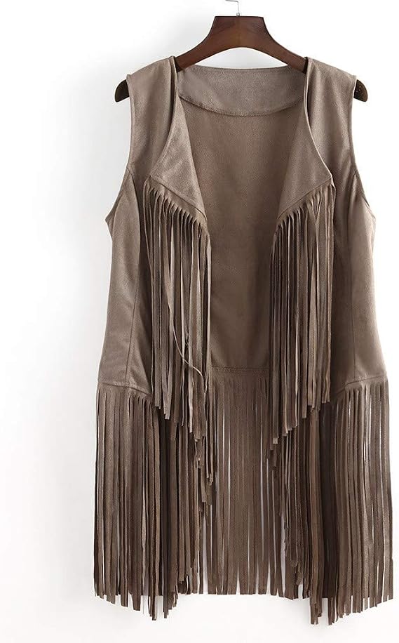 WUAI-Women Tassels Fringe Sleeveless Vest Faux Suede Vest Open Front Cardigan Waistcoat Jacket