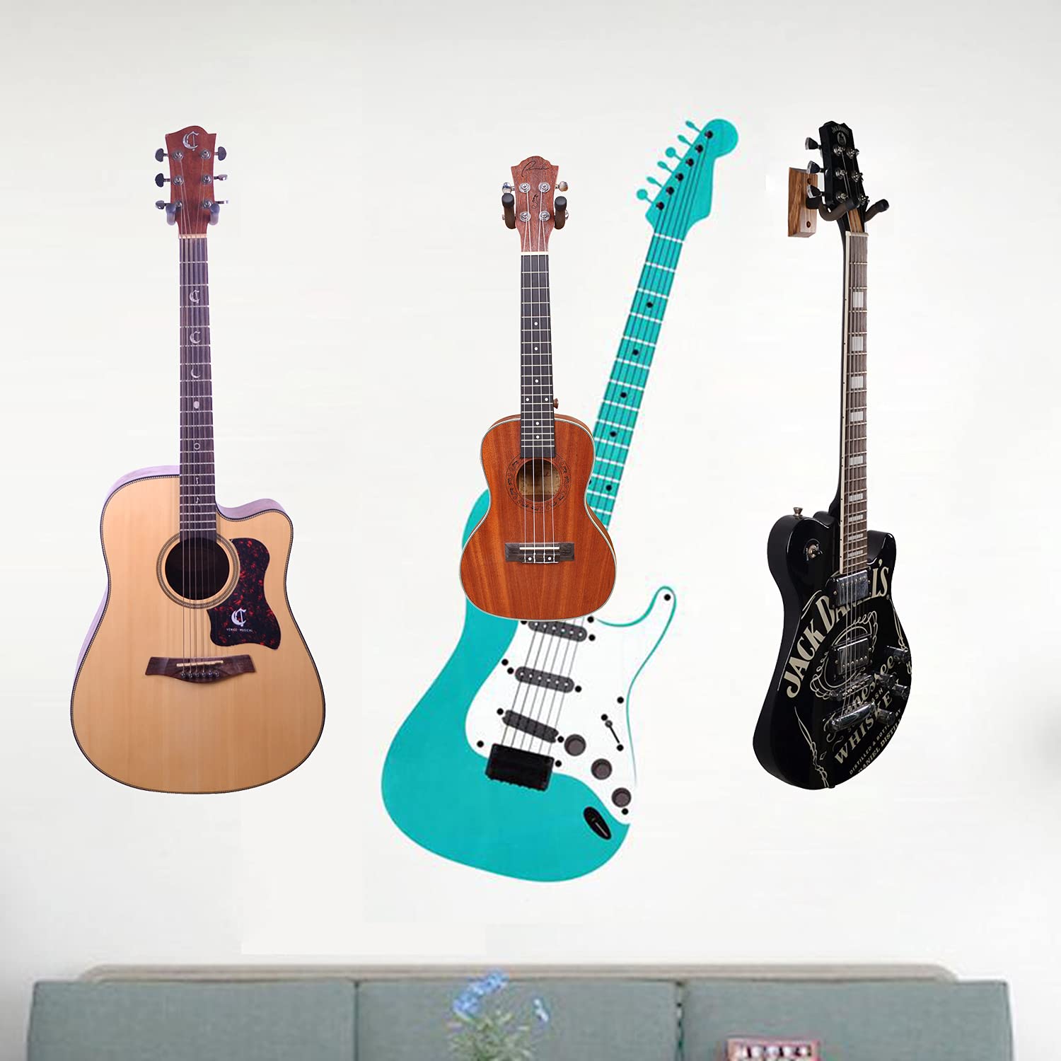 PUNK Wieszaki ścienne do gitary 3-pak, uchwyt ścienny na ukulele, wieszak na gitarę, haczyki ścienne, uchwyty, stojak, wieszak ścienny do gitary z twardego drewna zebry, do akustycznej, elektrycznej,