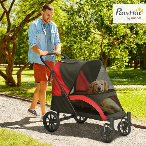 PawHut Hundewagen Hundebuggy klappbar für große Hunde & Katzen bis 30 kg Katzenbuggy mit Kissen Netzfenstern Türen Aufbewahrungstasche Katzenwagen Buggy Schwarz