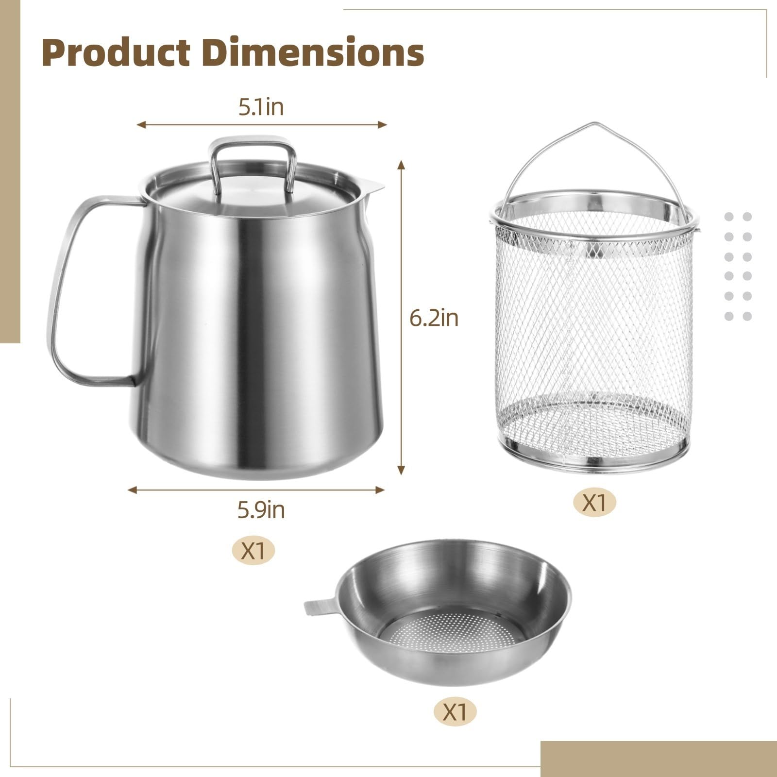 Pot de filtre à huile en acier inoxydable de 2 L, pot de cuisine multi-usage avec passoire à mailles fines, panier à frire et couvercle pour filtrer le thé, le café et l'huile