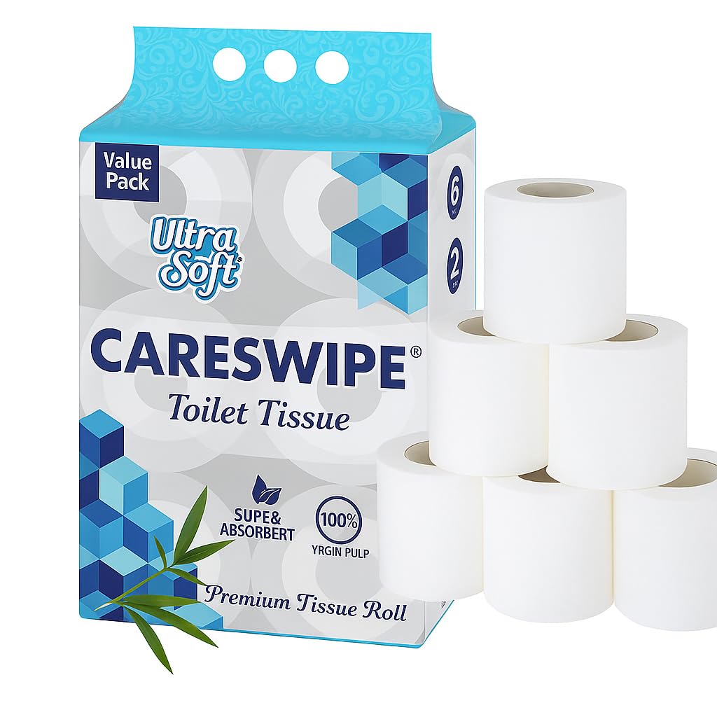 Careswipe Toilet Tissue Paper Rolls 1050 Sheets Pack of 6 Super Soft | Flushable | Easy to Tear