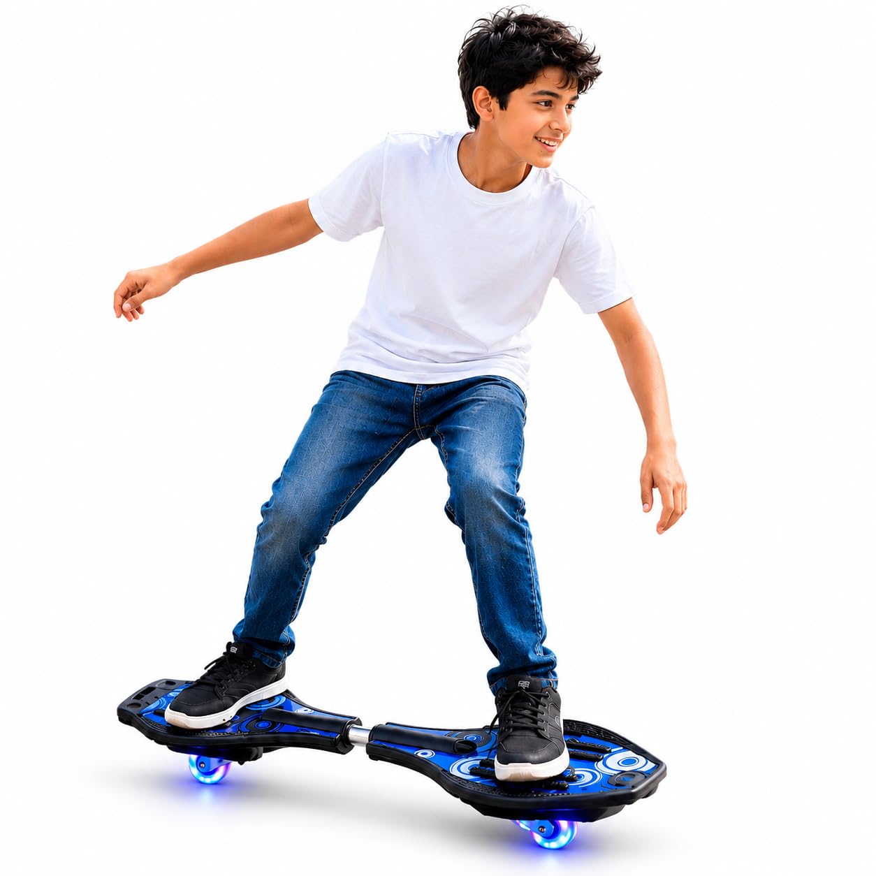 Wave Board Caster Ripstick Skateboard with Illuminating PU Wheels, Skull Theme Drift Board for Kids and Teens, 33 x 9 Inch Anti-Slip Deck, Blue, 100 kg Capacity-image-43