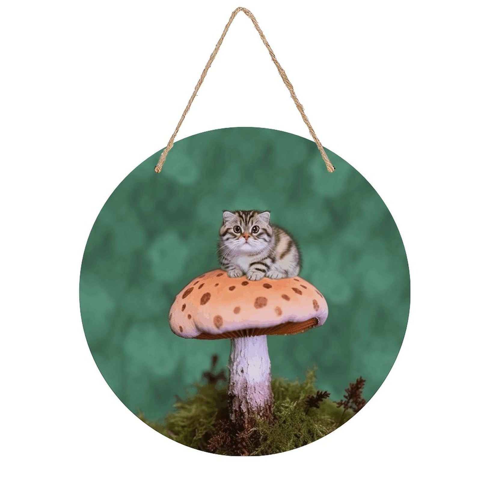 FekiLoot Cat on Mushroom Wall Art Decor Round Wood Hanging Sign Decoration Wooden Circle Door Sign Round Hanging Decorative Wood Plaque Door Hanger for Home Outdoor Indoor Decoration