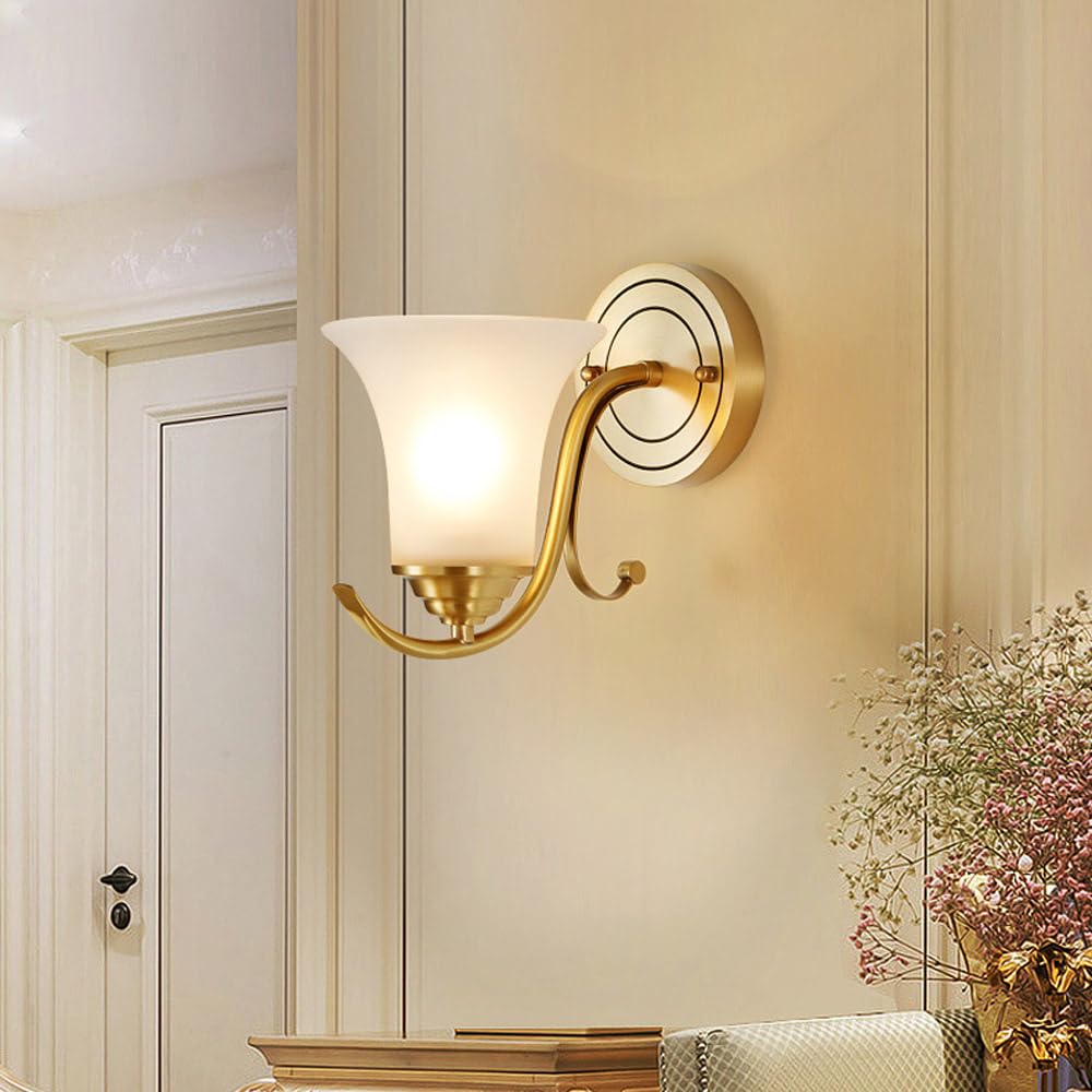 Applique da Parete Vintage in Ottone con Paralume in Vetro Smerigliato, Lampada da toeletta in Ottone Spazzolato a 1 Luce, Lampada da Parete Moderna di metà secolo, Lampada da Parete Art Déco per
