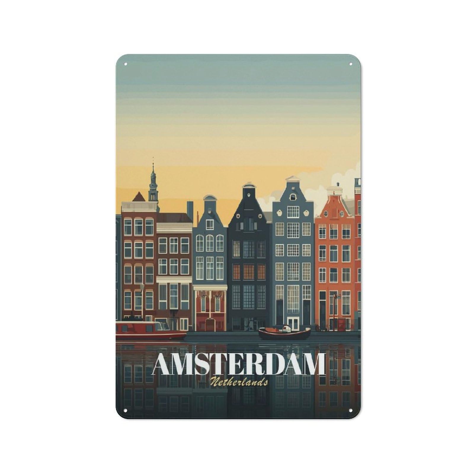 Junmoney Style-4 Rustic Tin Sign 30X20cm Featuring Amsterdam Netherlands Cityscape Illustration For Living Room Wall, For Room Styling Across Living Rooms And Feature Walls