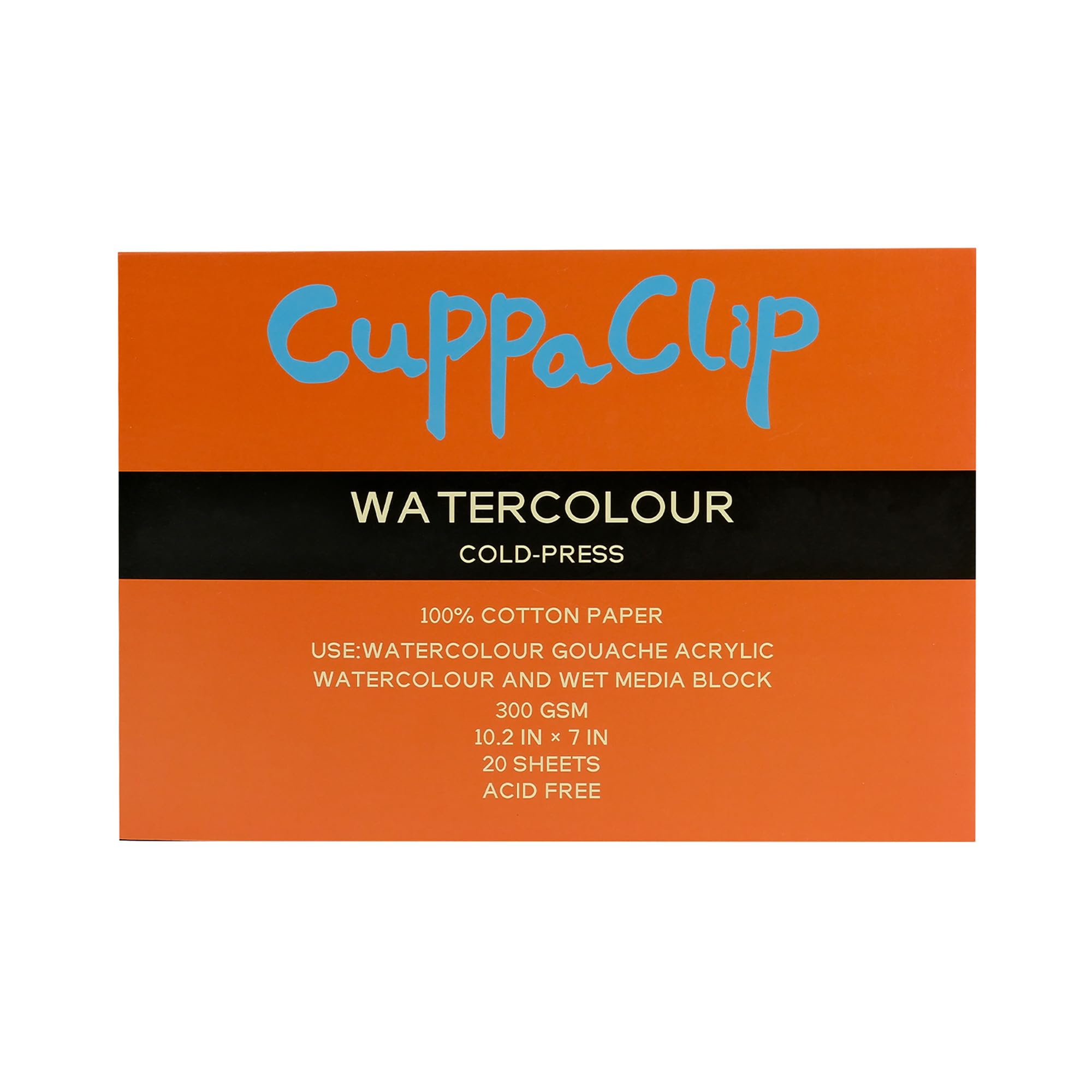 CuppaClip Bloc de papier aquarelle en pur coton 300 g/m² - Sans acide - 20 feuilles - Fournitures d'art aquarelle (presse à froid, 25,9 x 17,8 cm)
