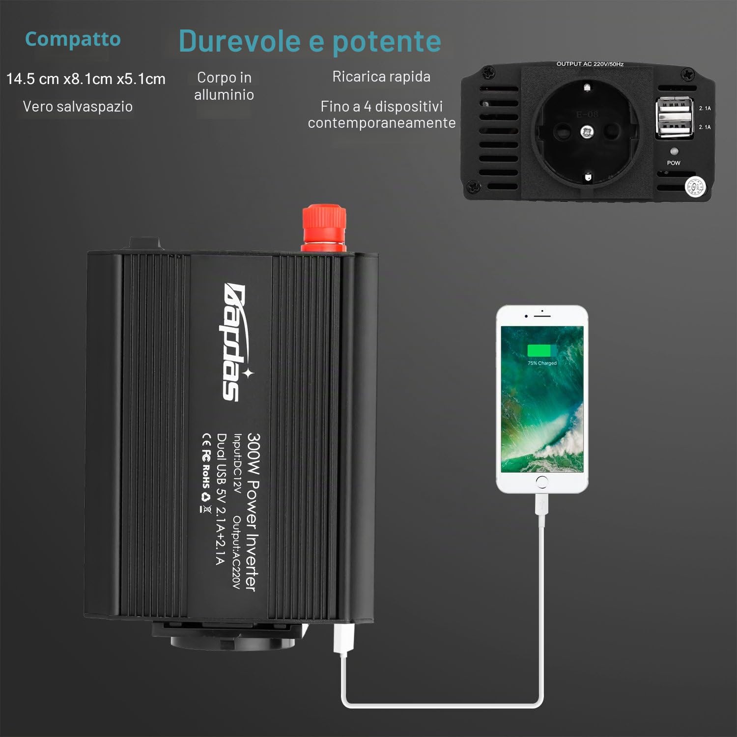 300W Power Inverter da Auto DC 12V a 220-240V AC, 2 Porte USB 4.2A