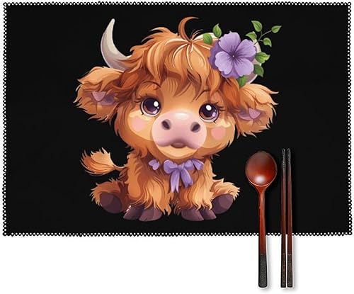 Highland Cow with Purple Flowers Scottish Farm Placemats Set of 6 Resistant Table Mats Washable Place Mats for Dinner Party Table Decoration