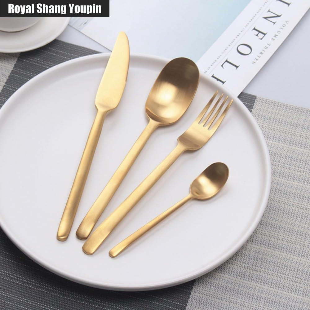 Maniglia Satinata Opaca Cucina Acciaio Inossidabile Posate Stoviglie Posate Coltelli Forchette Cucchiai Set Coltello Da Bistecca Cucchiaio Da Dessert (Oro,16 pezzi)