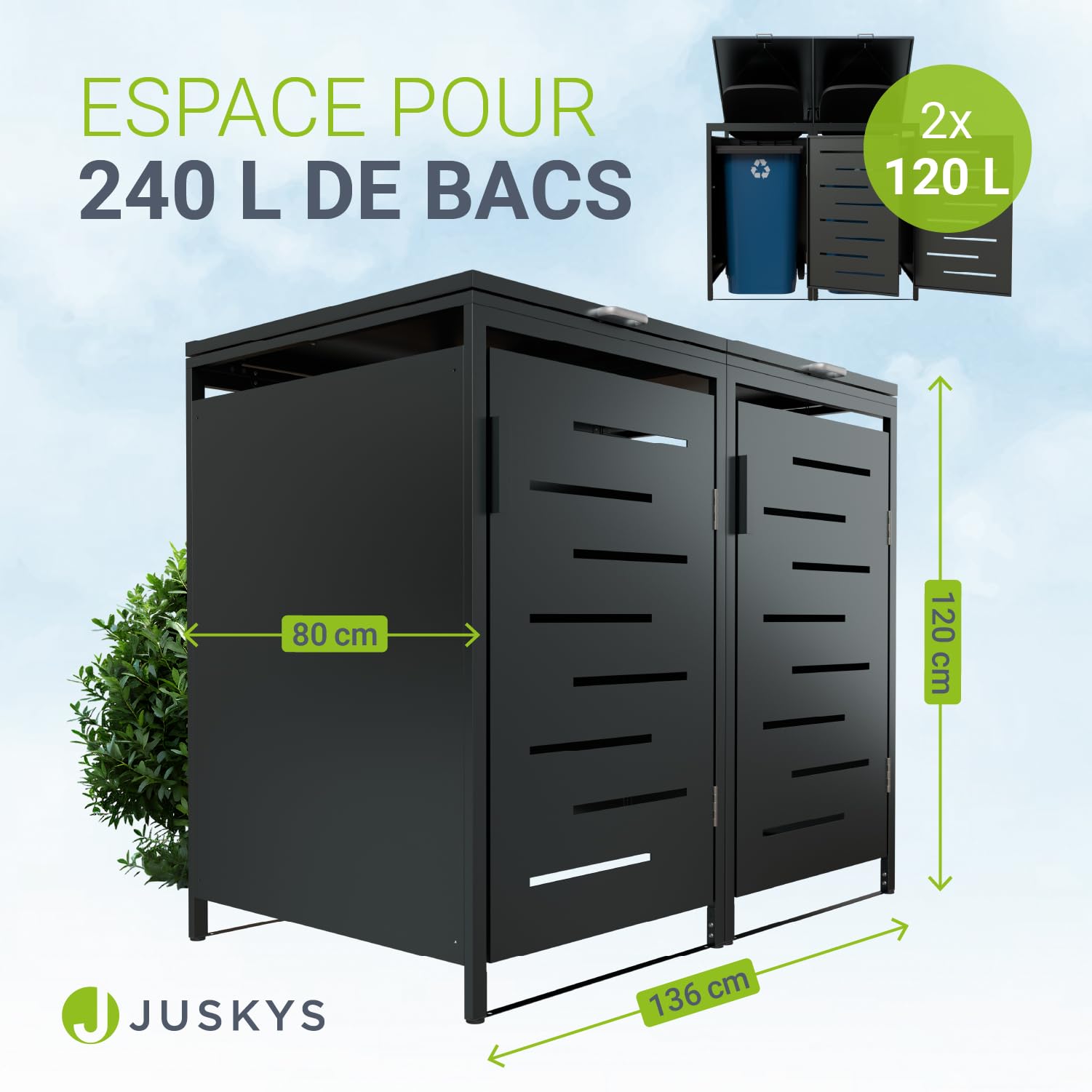 Juskys Cache-Poubelle Arel - Box de Jardin en métal pour 2 poubelles de 120l - Box de Rangement verrouillable - Abri avec Toit & vérin à gaz - Anthracite