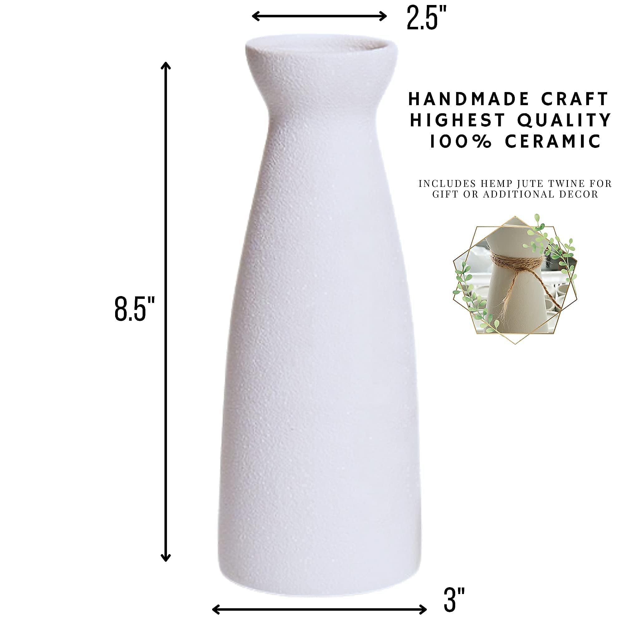 W.Z White Ceramic Vase for Pampas Grass, Modern Boho Home Decor Style