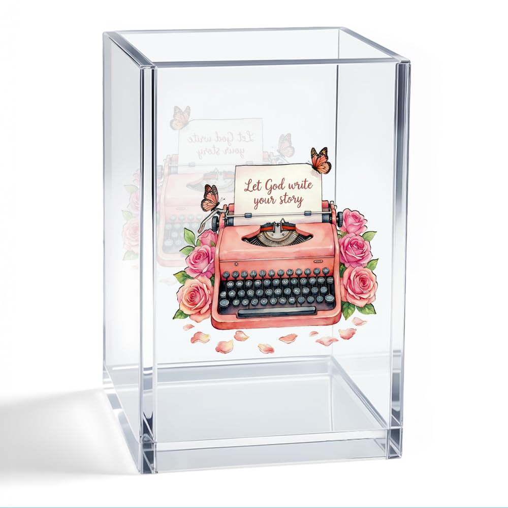 Portamatite in acrilico con scritta "Let God Write Your Story", organizer da scrivania per macchina da scrivere rosa, regalo cristiano ispiratore per colleghi, familiari, amici, regali per il