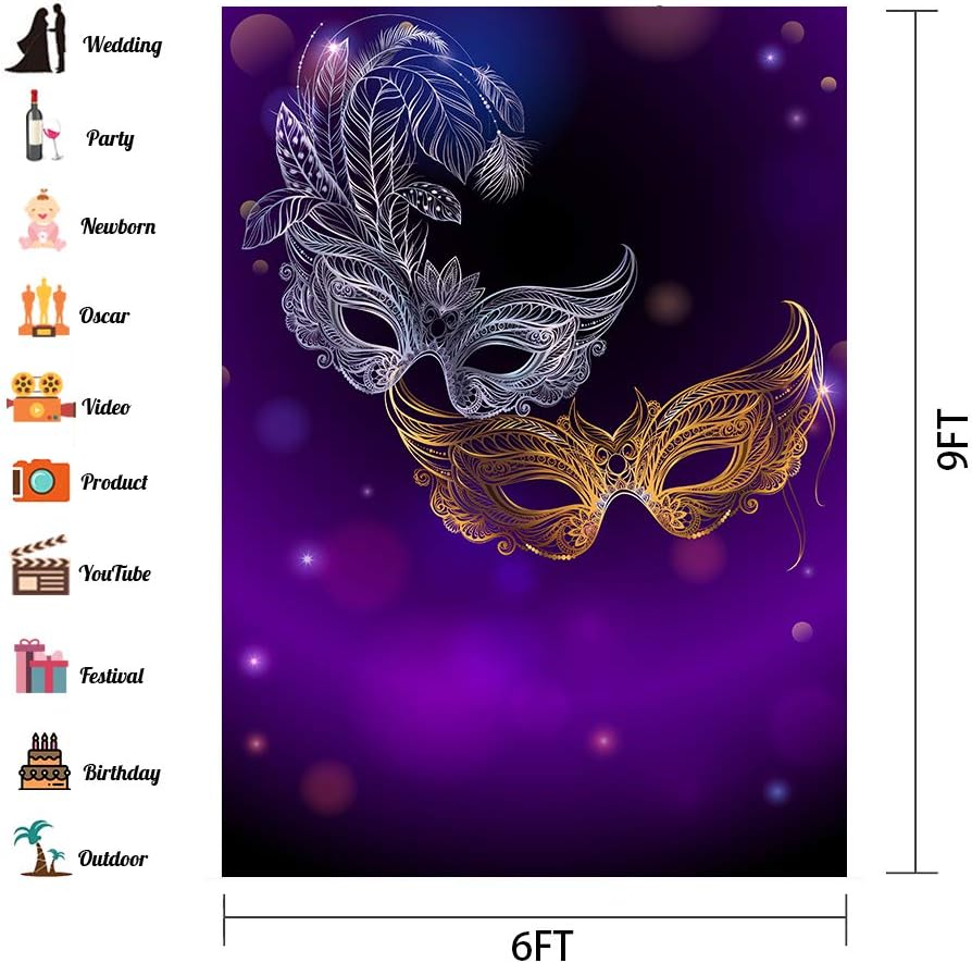 6x9ft Masquerade Violet Backdrops Gold and Silver Masks Mardi Gras Photography Backgrounds Vinyl Photo Studio Props BJLSPH730
