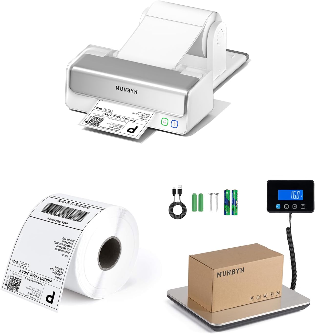 MUNBYN RW405B Replaceable Print-Head Thermal Printer with Label Holder+Thermal Direct Shipping Label (Pack of 500 4x6 Per Roll Labels)+IPS03 440lb for Postal Scale