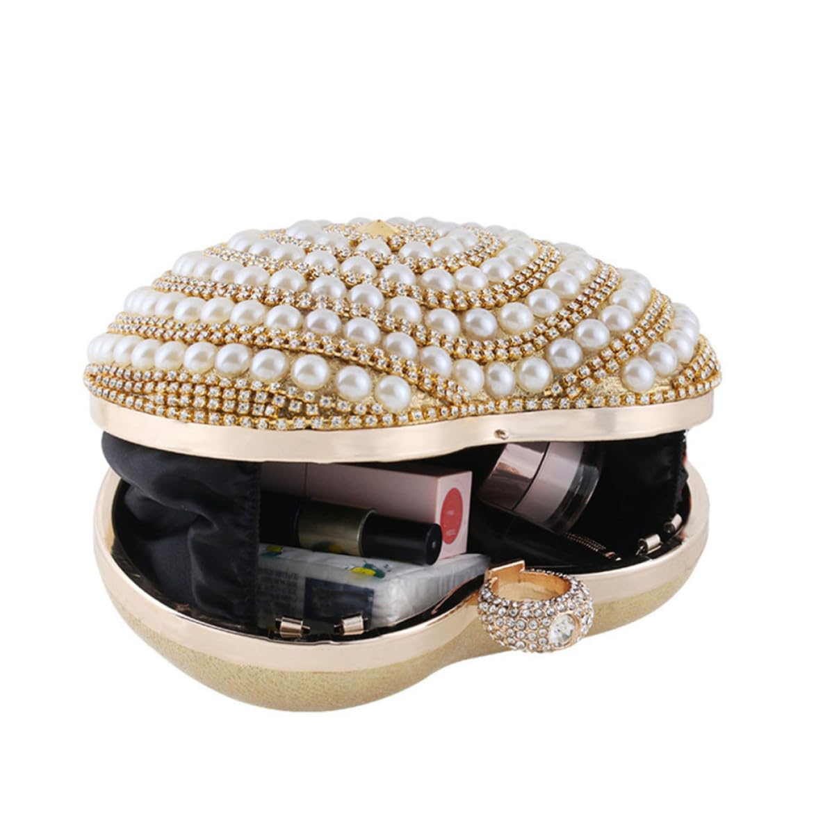 PRETYZOOM Borsetta da Sera Elegante a Forma di Cuore con Decorazioni Brillanti, Borsa Donna in Poliestere e Metallo, Piccola Pochette Oro per Party e Bar