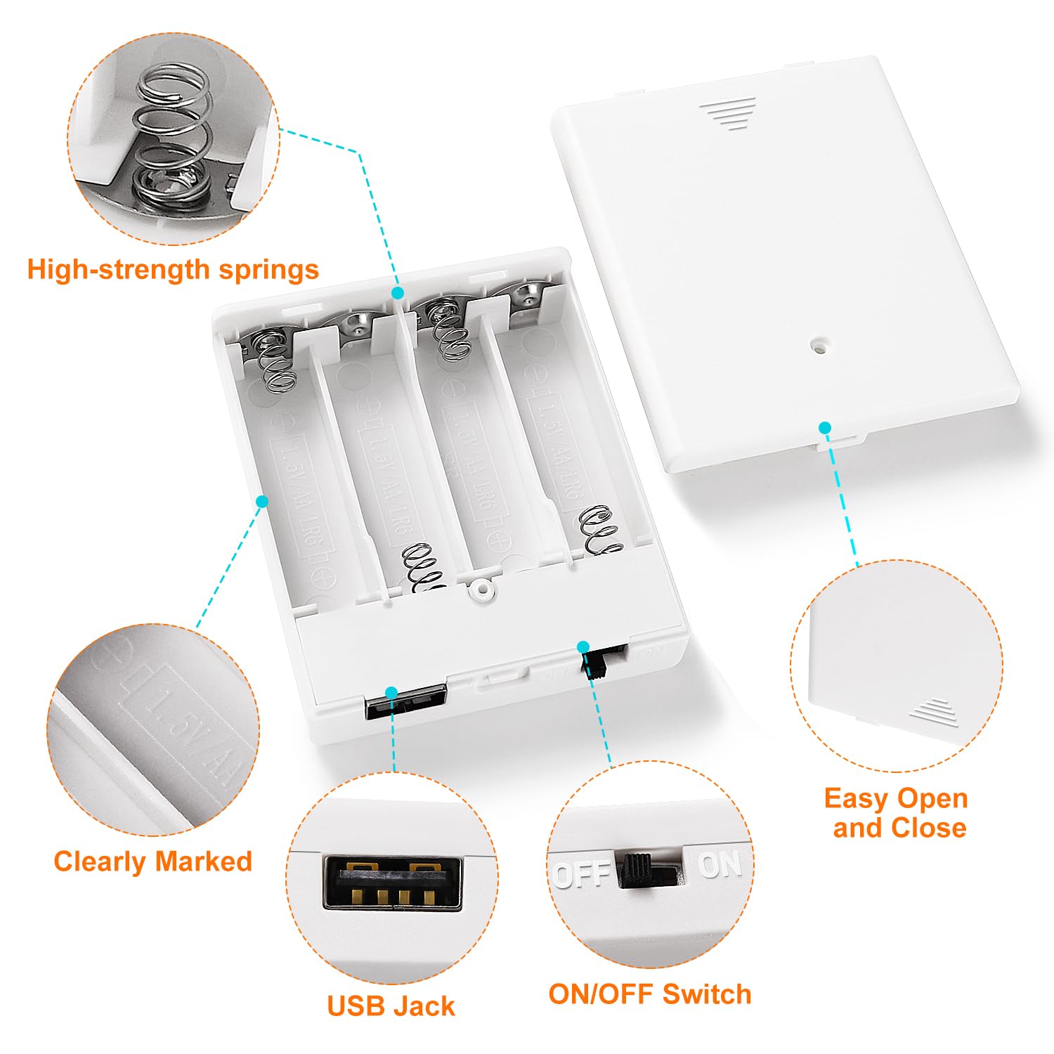 Portabatteria 6V 4x1.5V AA Supporto Batteria con USB Femmina Interruttore On/Off Bianco