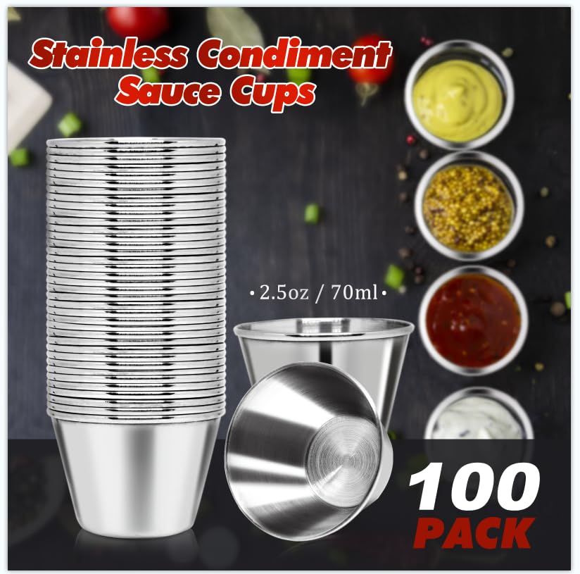 DJZZ 100 Pcs Metal Sauce Cups 2.5oz Ramekins, Stainless Steel Dipping Sauce Cups Metal Condiment Container Reusable Round Butter Dressing Cup Restaurant Small Bowls