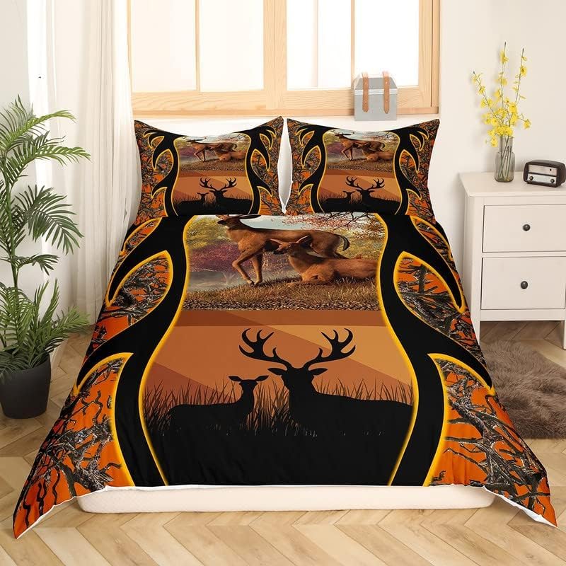 Homemissing Double Cute Deer Duvet Cover Deer Hunting Bedding Set Branches Orange Comforter Cover Set Super Soft 3D Wildlife Decoration Comforter Cover Set - Image 2
