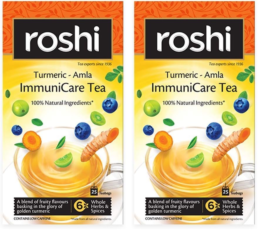 Image of Roshi ImmuniCare Tea | 25 Teabags| Immunity Boosting Green Tea enriched with The Goodness of Turmeric, Amla and Blueberry (Pack of 2)
