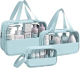 Clear Travel Toiletry Bag Set of 3, Transparent Washbag Cosmetic Makeup Organizer Pouch for Men & Women, Portable Multipurpose Storage for Shampoo, Brushes, Bathroom & Travel Accessories (Blue)