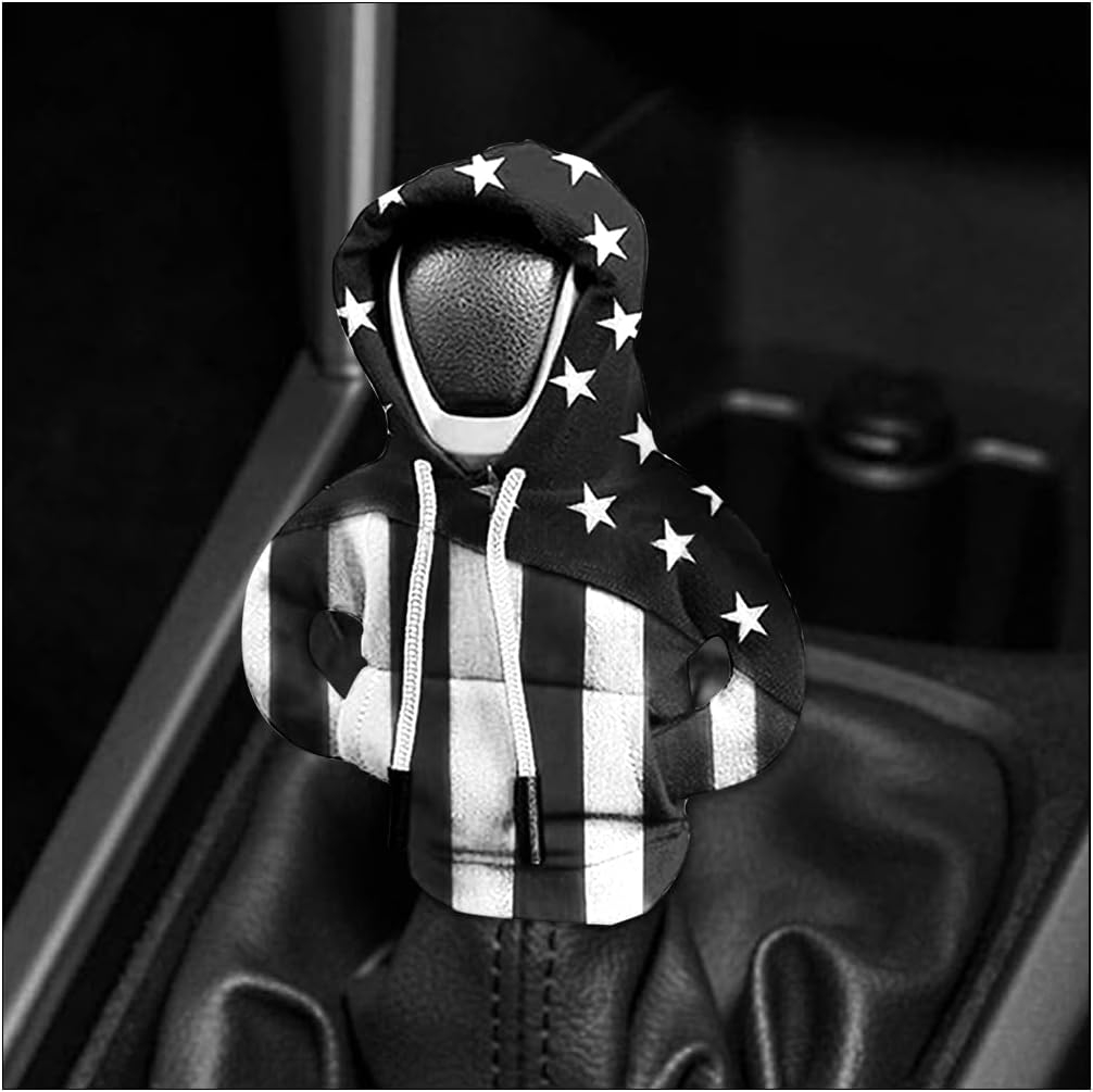 Automobile Gear Shift Knob Hoodie, American US Flag Mini Sweater Gear Lever Cowl, Cute Humorous Automobile Protector Ornament Equipment, Common for Most Vehicles, SUVs, RVs（Black/U+L）