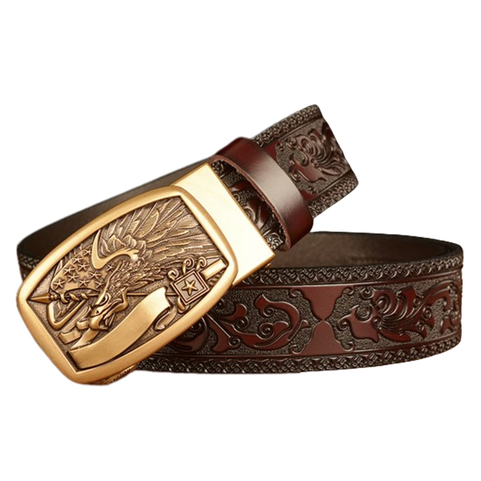 BDAYEK Men's Belt Men's Western Cowboy Leather Dress Belt, Embossed Automatic Single Click Buckle Head(Brown,125Cm/Waist:42"~44")