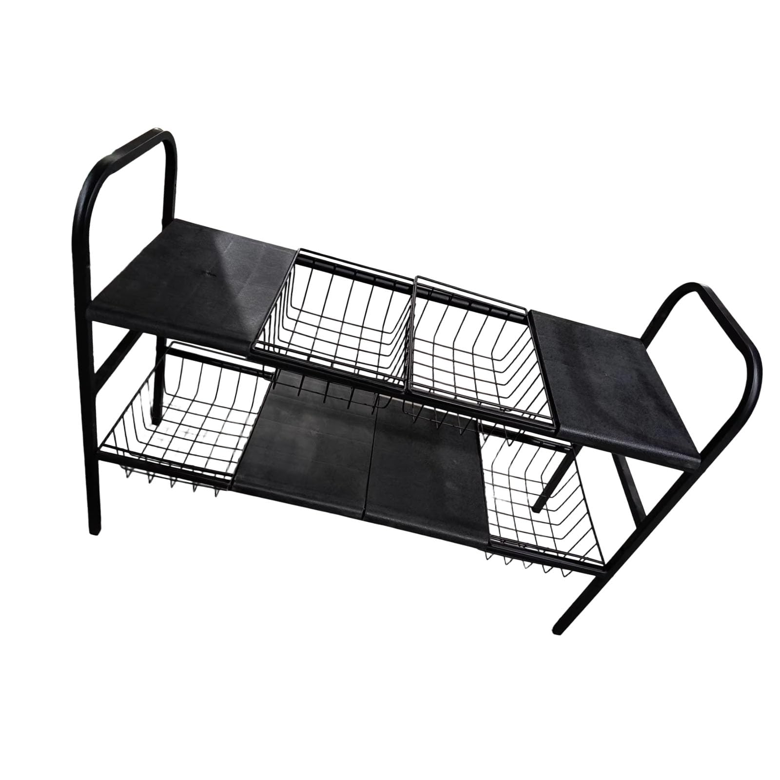 Hsioluted Expandable Pair Layer Kitchen Storage Unit with 4 Shelves 4 Baskets Built of Sturdy Carbon Steel Adjustable Kitchen Storage Rack with Steps Shelves and Baskets