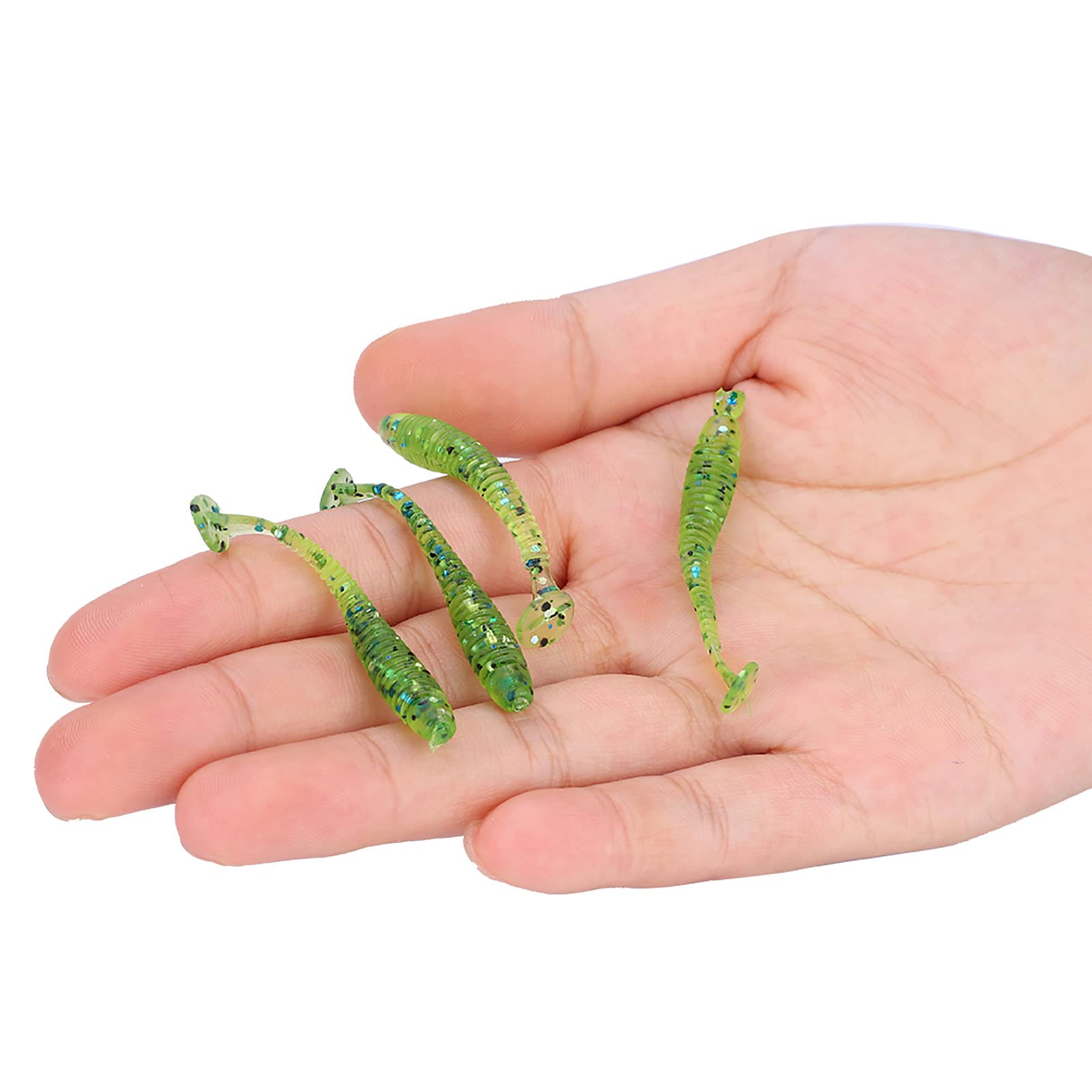 50PCS 5cm Señuelos de Pesca de plástico Blando Cebos de Larva de Cola en T Accesorios para Aparejos de Pesca para Pesca en Agua Dulce y Salada Acción de natación