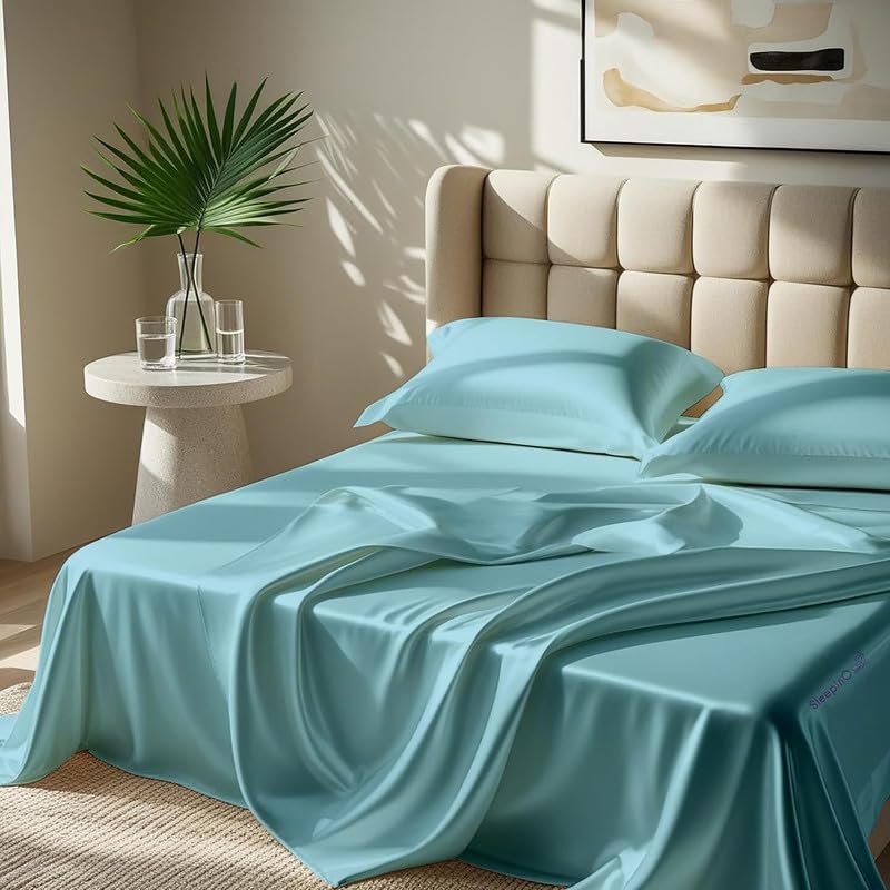 Image of Premium Satin King Size (92x106 Inchs) with 2 Pillow Cover Bedsheet Ultra Soft & Silky Smooth, Breathable Cooling Fabric, Luxury Glossy Finish|Dreamy Blue