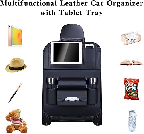 Miniatura 3 de kathson Organizador de asiento de automóvil, bandeja de mesa plegable de piel sintética, protectores de respaldo de asiento, organizador de asiento
