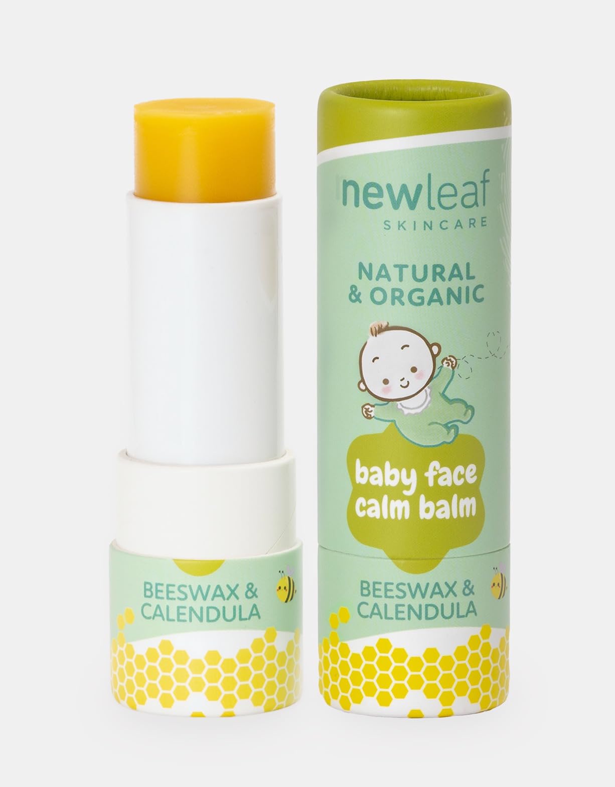 Organic Baby Face Calm Balm. Nourishing 100% natural premium ingredients; beeswax, calendula & mandarin. Mineral oil free. For chapped lips, cheeks, dribble chin, cold weather dryness & swimming