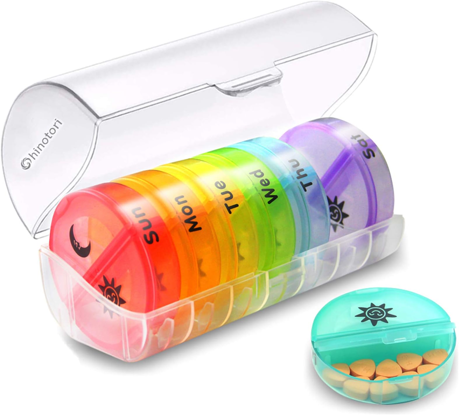 Hinotori Weekly Pill Box Organizer 2 Times a Day - Daily Am Pm Large Portable Medicine Organizer with 7 Detachable Cute Pill Case for Medication, Vitamin, Supplement, and Fish Oils (Clear Box)