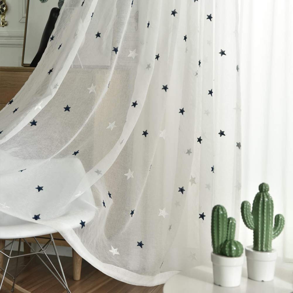 Rideaux de broderie tulle blue stars blanc 200x270cm pour salon