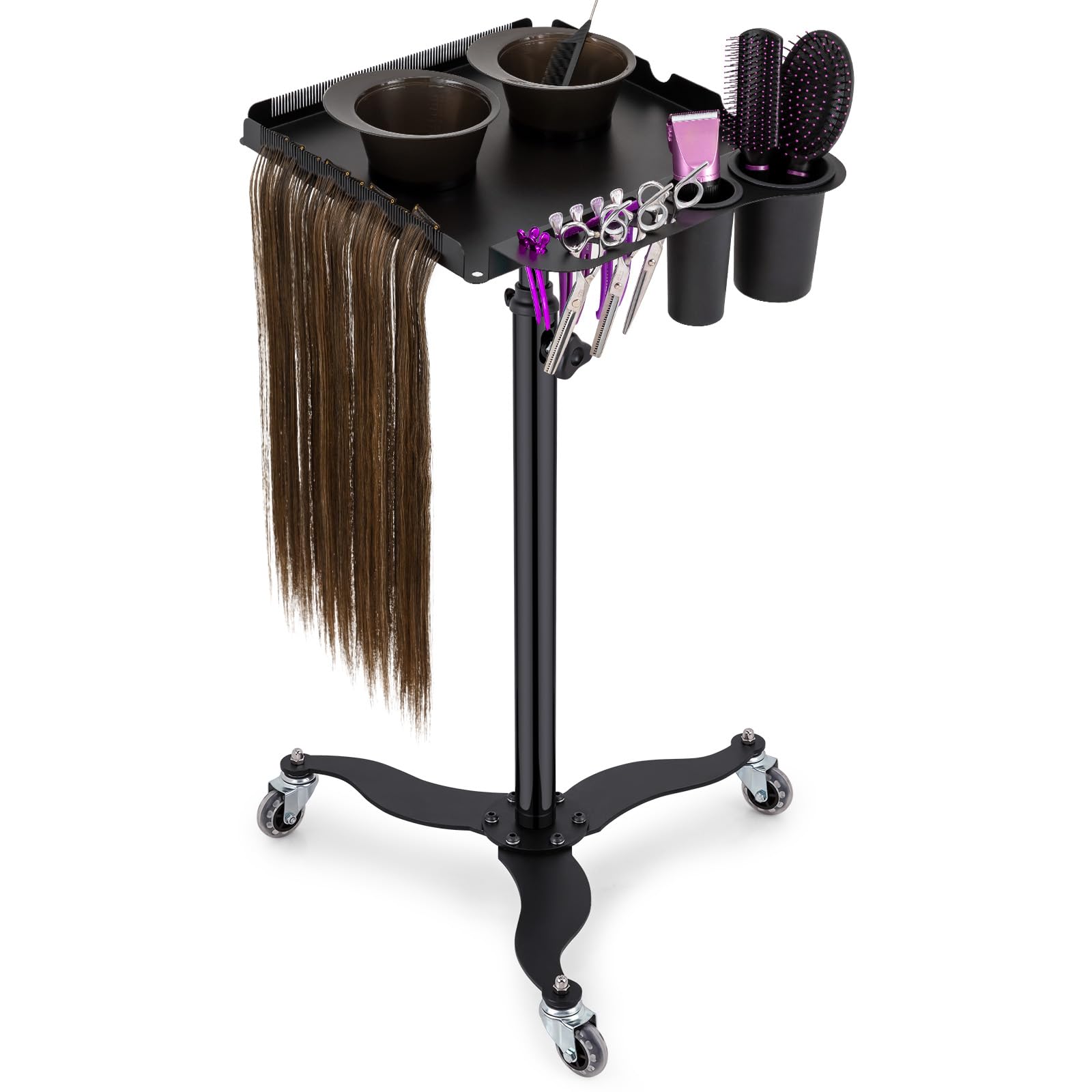 Metal Hairstylist Tray Rolling Cart w/ 2 Magnetic Hair Color Bowls, Premium Iron Hair Extension Tray Trolley Cart Chemical-Resistant Salon Coloring Tray Cart, Noverlife Barber Rolling Tray with Holder