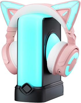 YOWU RGB Cat Ear Headphones 4 Pink and Crystal Headphone Stand Black, Accessories for The Ultimate Experience