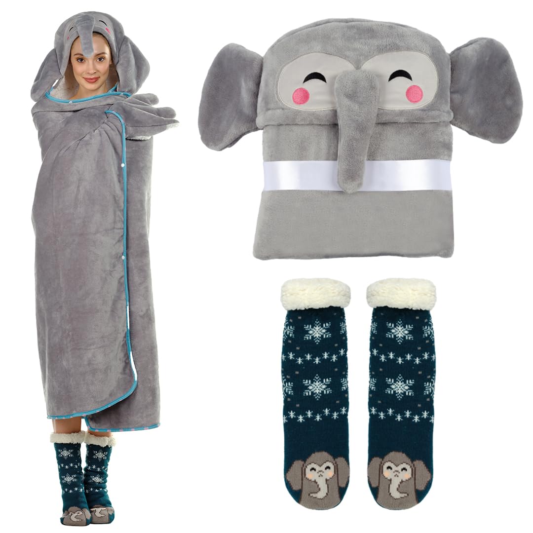 Funcredible Elephant Wearable Blanket - Fuzzy Wearable Blanket Hoodie with ELephant Socks - Animal Blankets for Adults - Fluffy Elephant Grey Throw Blanket