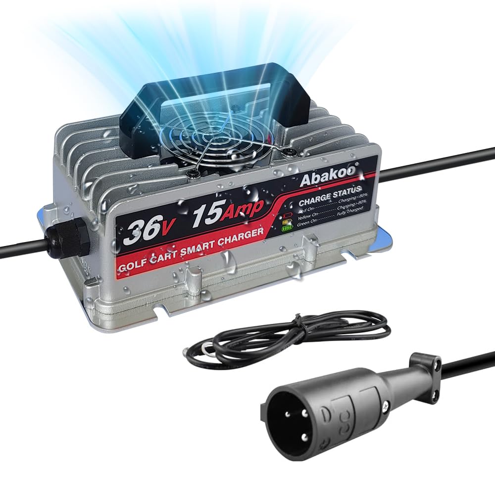 Abakoo 36 Volt 15 Amp Battery Charger for Club Car Golf Cart with 3 Pin Round Plug, IP67 Waterproof
