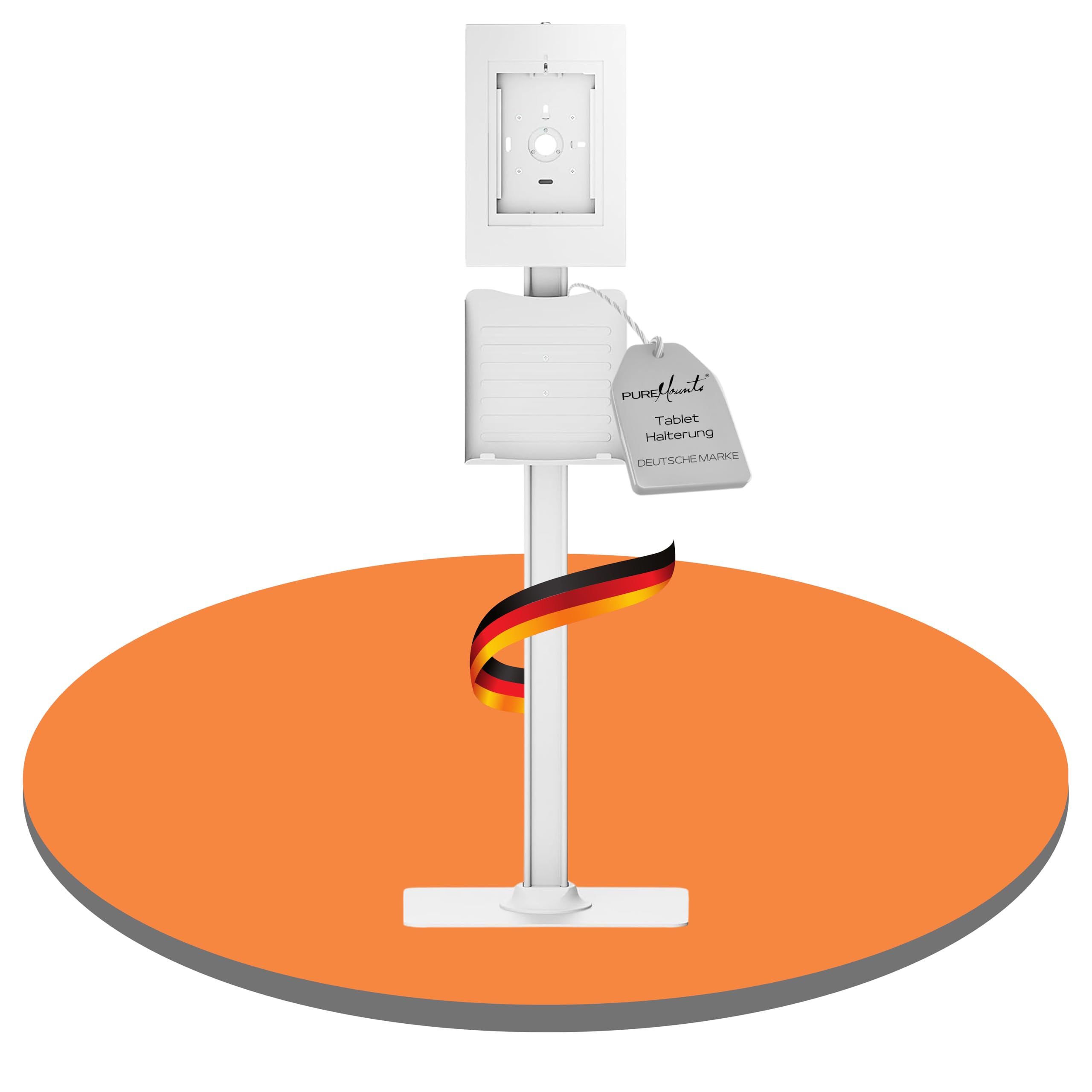 PureMounts® Tablet Halterung mit abschließbarem Stahlgehäuse für iPad 5/6/7/8/9/ IPad Air 9.7"/ 10.5"/10.9"/ IPad Air 9.7"/10.5"/11" sowie Samsung Tab A 10.1 (2019)/ Tab A7/ S6 Lite 10.4", weiß