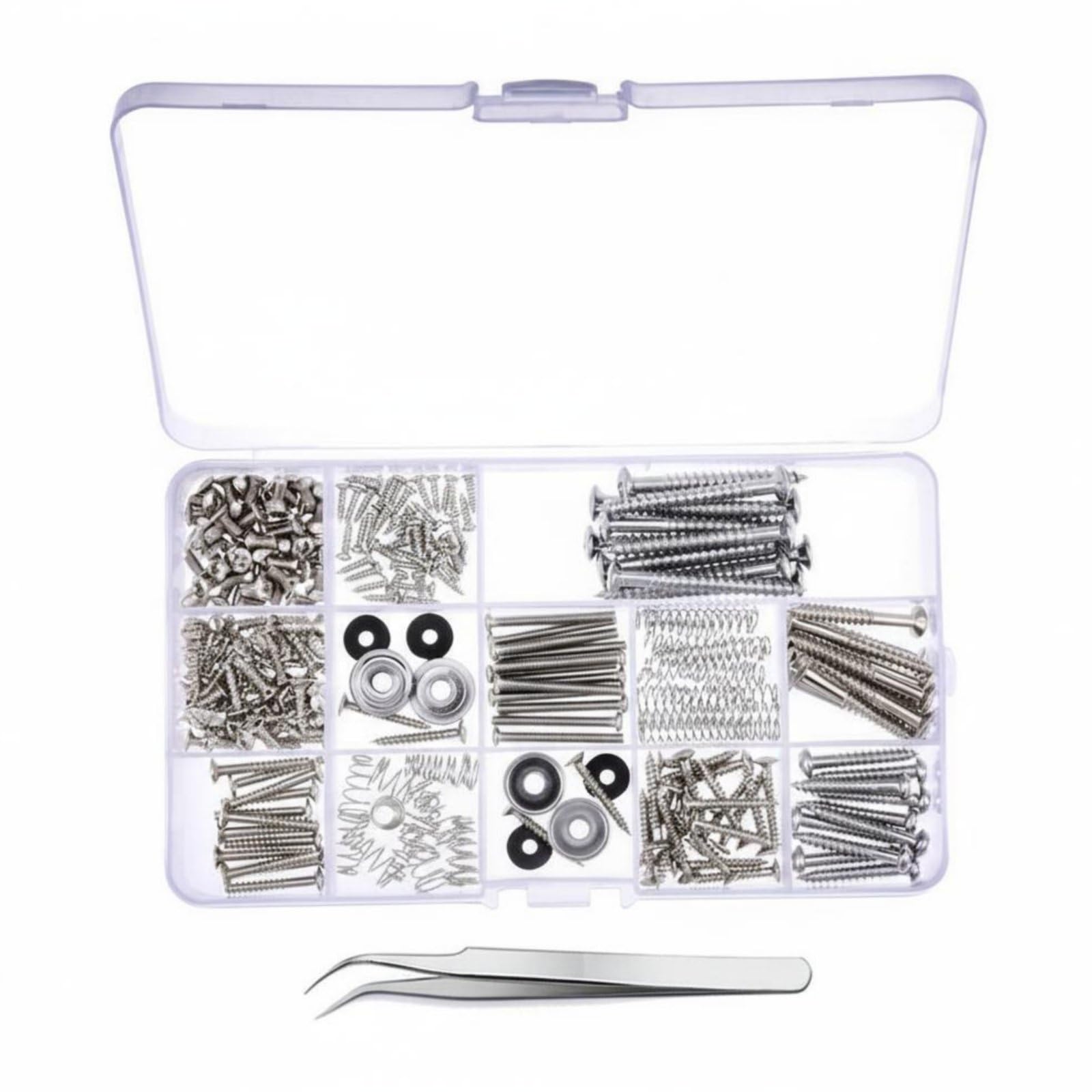 254-teiliges Gitarrenhardware-set mit Verschiedenen Schrauben Und Gurtknöpfen aus Rostfreiem mit Gebogener Pinzette für Den Einfachen Austausch von Tonabnehmern Und Stegen, Silber