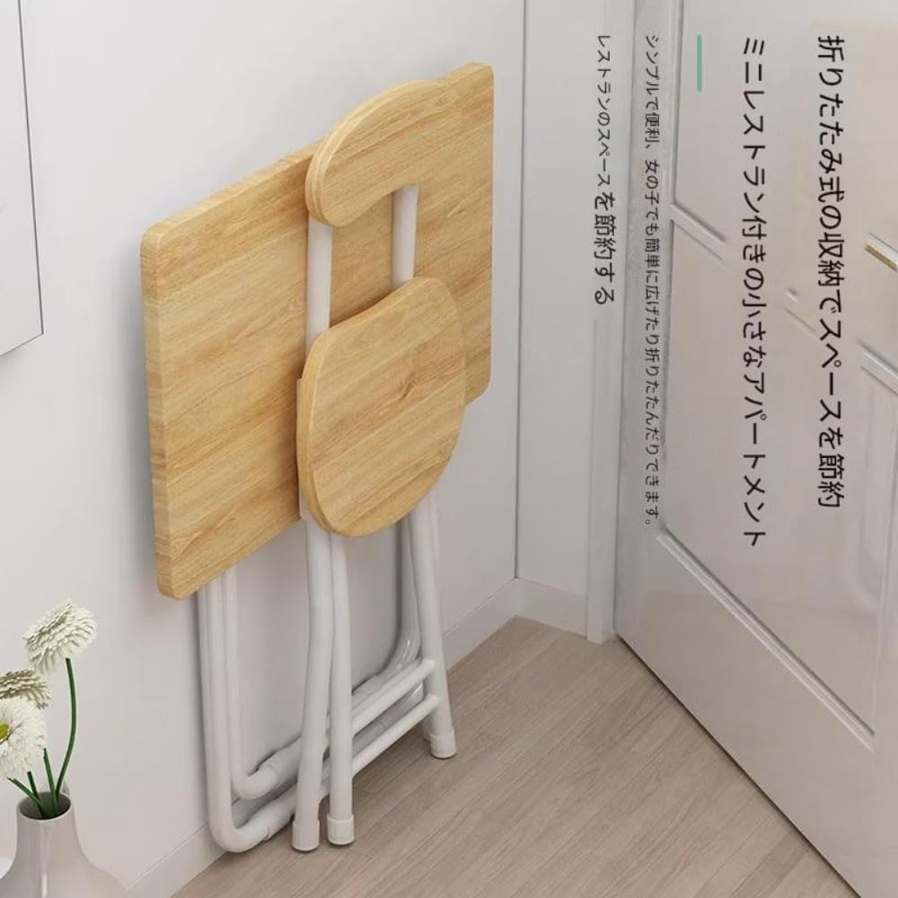 幅70cm、奥行き40cmの木目調折りたたみテーブルとチェアのセット。ご家庭での使用に最適です。シンプルなテーブル、オフィスデスク、