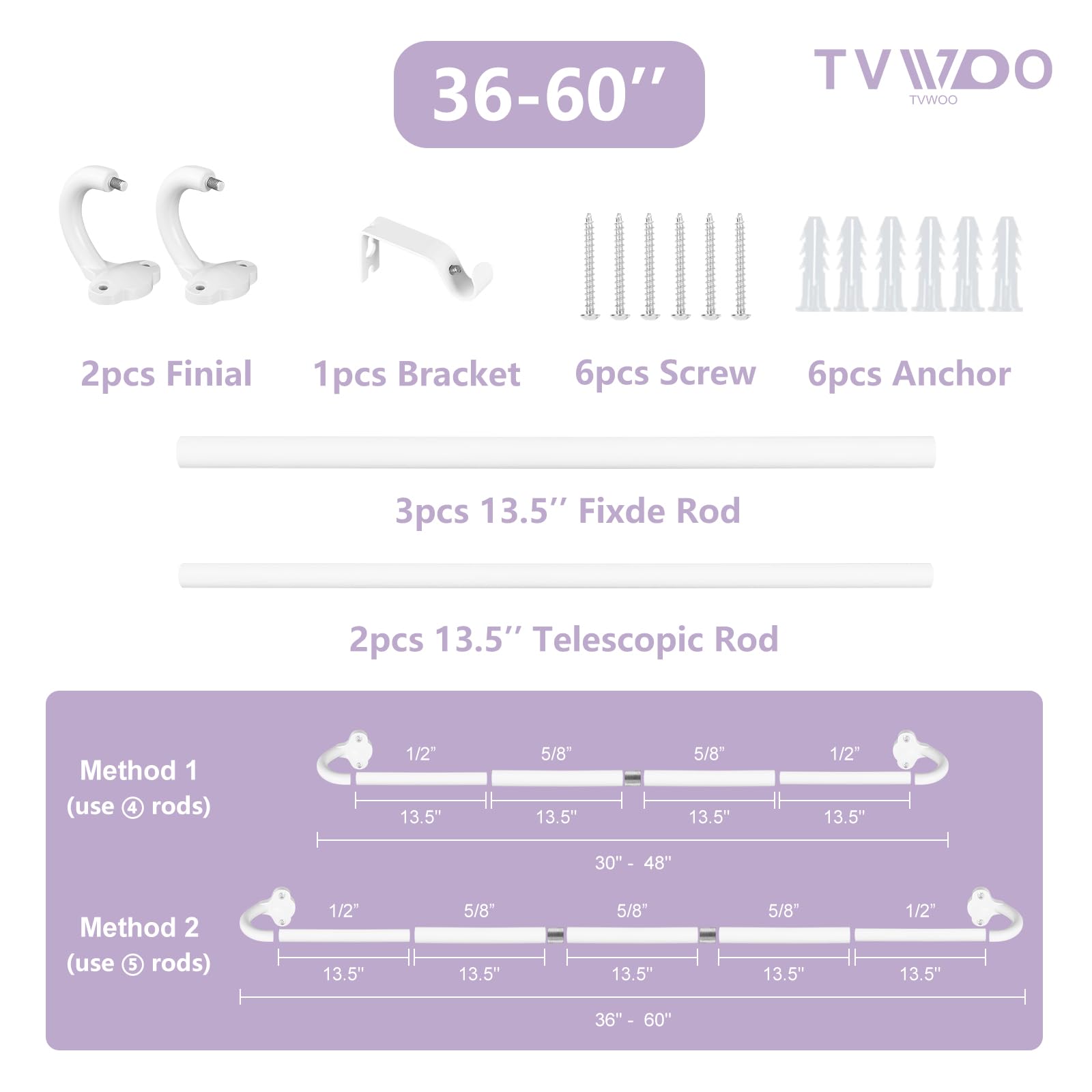 TVWOO Bastoni per tende avvolgenti bianchi: asta per tenda oscurante regolabile da 1,5 cm, per camera da letto, cucina, appartamento, affittuari, tende curve oscuranti, facili da installare, bianco