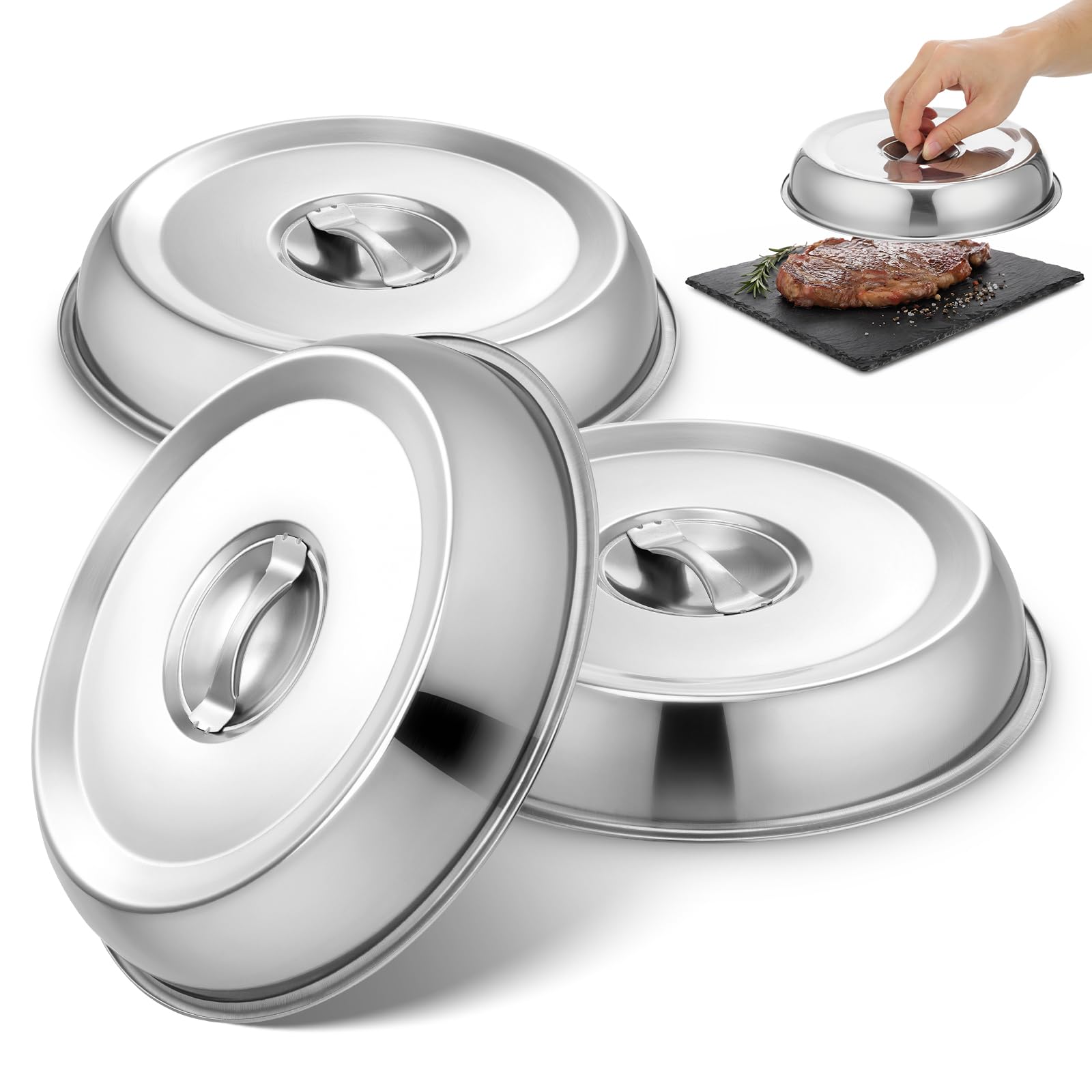 Cabilock 3Pcs Stainless Steel Food Dome Covers 9.45In BBQ Steak Dome Covers Food Protection Anti-Splashing Serving Covers for Home Restaurant Outdoor