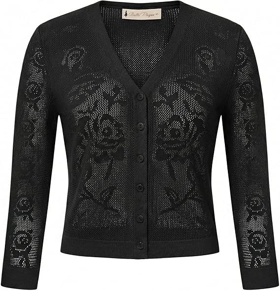 Belle Poque Damen 3/4-Ärmel Ausgehöhlt Cardigan Leichter Knopf Herunter Kurzer Cardigan für Kleider und Röcke