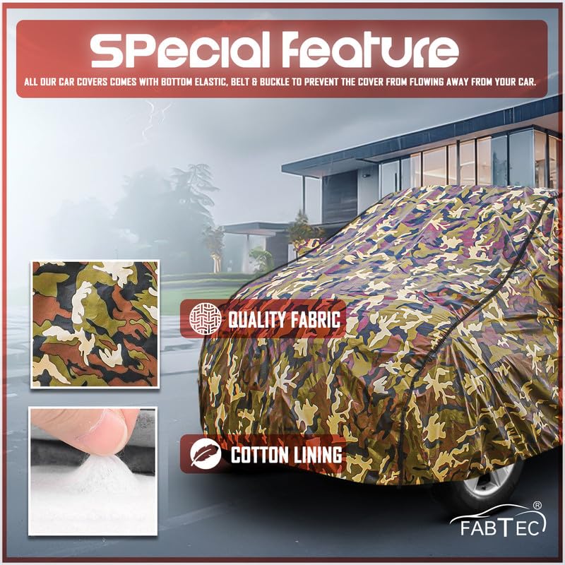 Image of FABTEC Car Body Cover for Maruti Celerio Jungle Print with Soft Cotton Lining Waterproof Car Cover UV & Rain Protection with Mirror Pocket Bottom Elastic (Military /Camouflage Pattern)