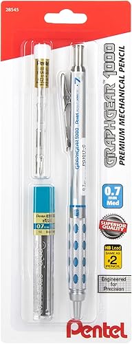 Pentel GraphGear 1000 - Lápiz mecánico de dibujo automático, tamaño de plomo de 0.028 in, incluye 50 repuestos de plomo y 4 recambios de borrador