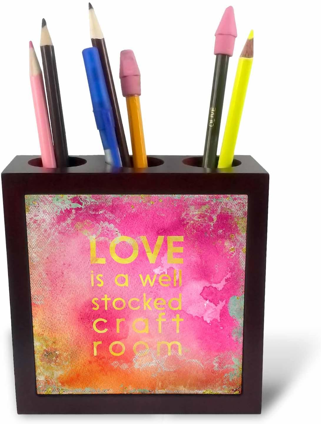 3dRose Funny Quote For Crafters Love Is A Well Stocked Craft Room 5 inch tile pen holder
