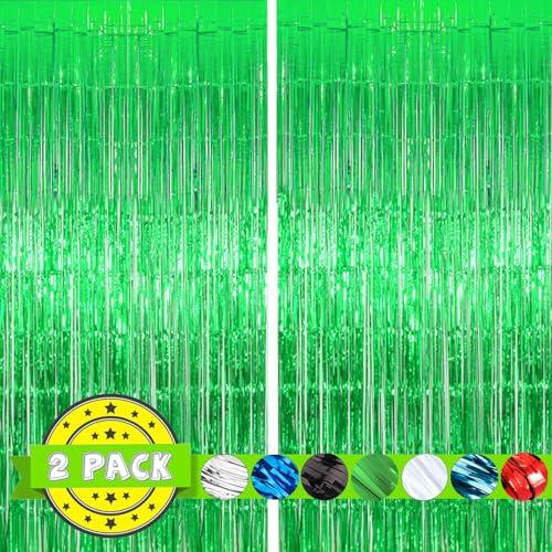 Image of 2 Pack Green Streamers St. Patrick's Day Decorations, Green Tinsel Foil Fringe Backdrop Curtain for Birthday Party, Party Door Streamers for Graduation, Dinosaur, Football Party Decorations
