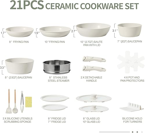 Miniatura 2 de Juego de utensilios de cocina de cerámica antiadherente de 21 piezas con mango desmontable, sartenes y ollas, juego de utensilios de cocina para