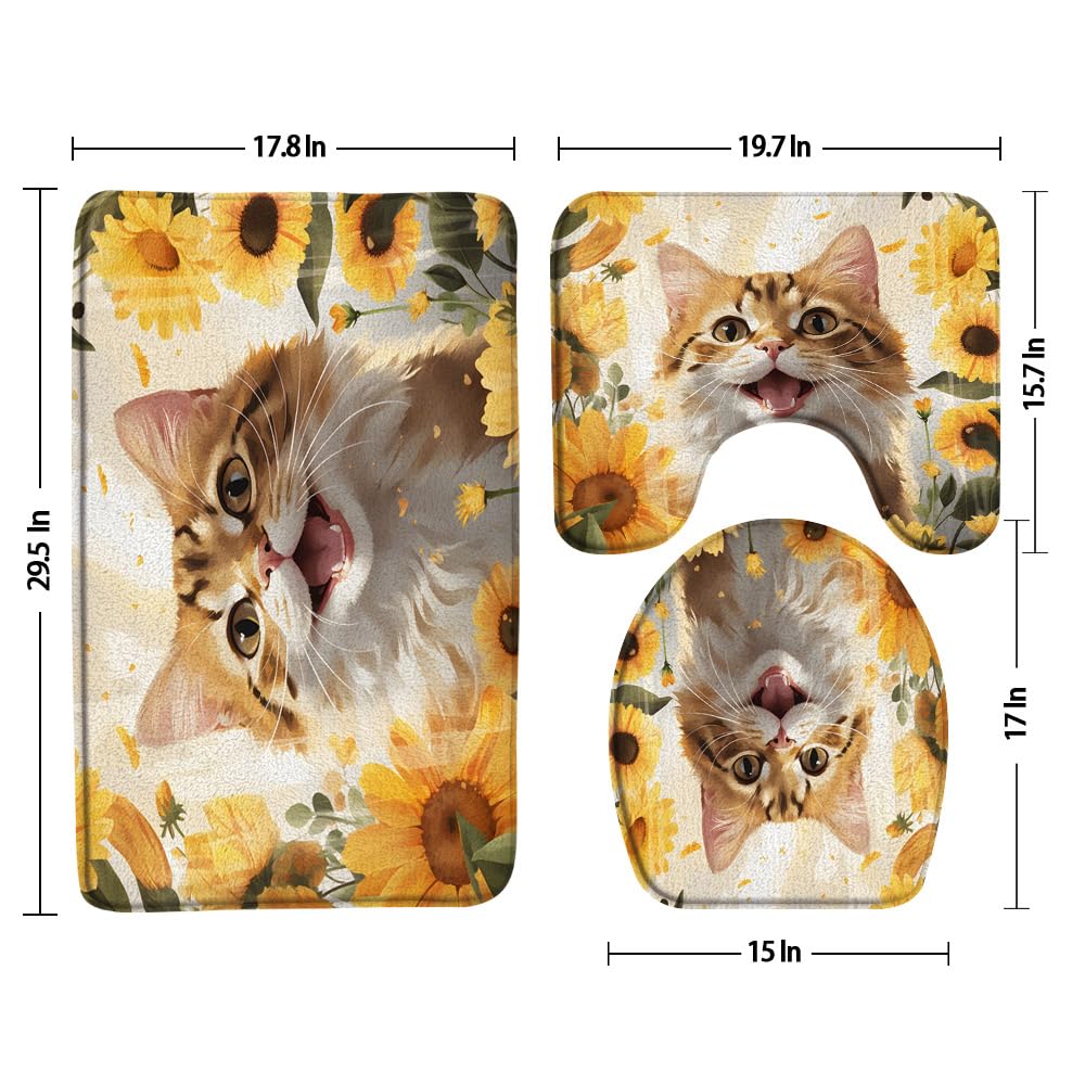 3pcs Cat and Sunflowers Bathroom Sets with Non-Slip Rug,Toilet Lid Cover and Bath Mat,Spring Farmhouse Cute Kittern with Yellow Floral Watercolor Garden Animal Pet Bathroom Carpet Bath Mat Toilet Rugs