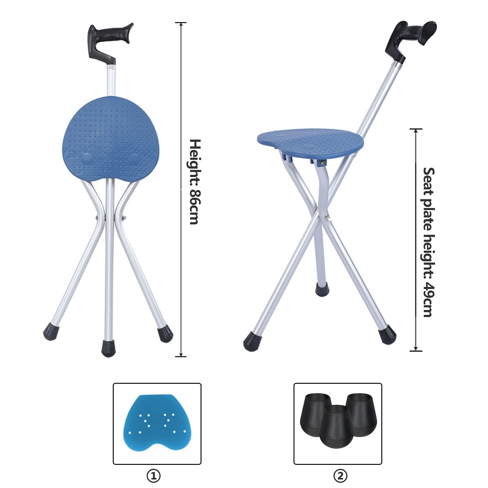Bastón con Silla de Asiento, Plegable, Bastones Aluminio - Ayuda de Movilidad de Equilibrio Plegable - Base Antideslizante Baston (Azul)